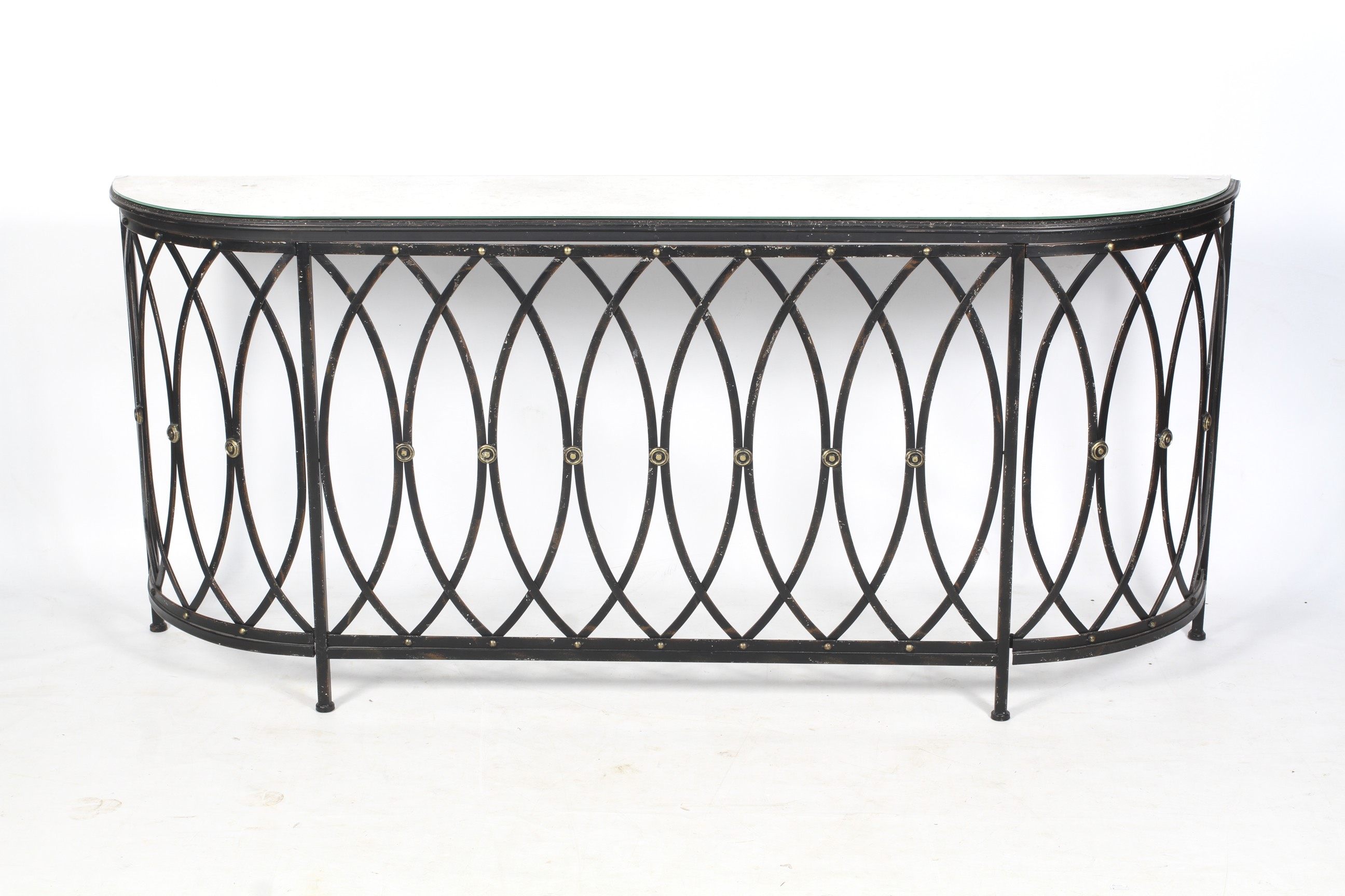 A contempoarary console table radiator guard with curved edges.