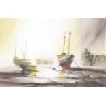 John Bampfield (British 1947-) oil on canvas. Moorings at low tide, 49cm x 74.