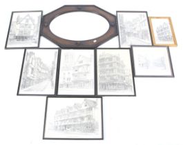 Seven prints of Bristol and a oak framed mirror.