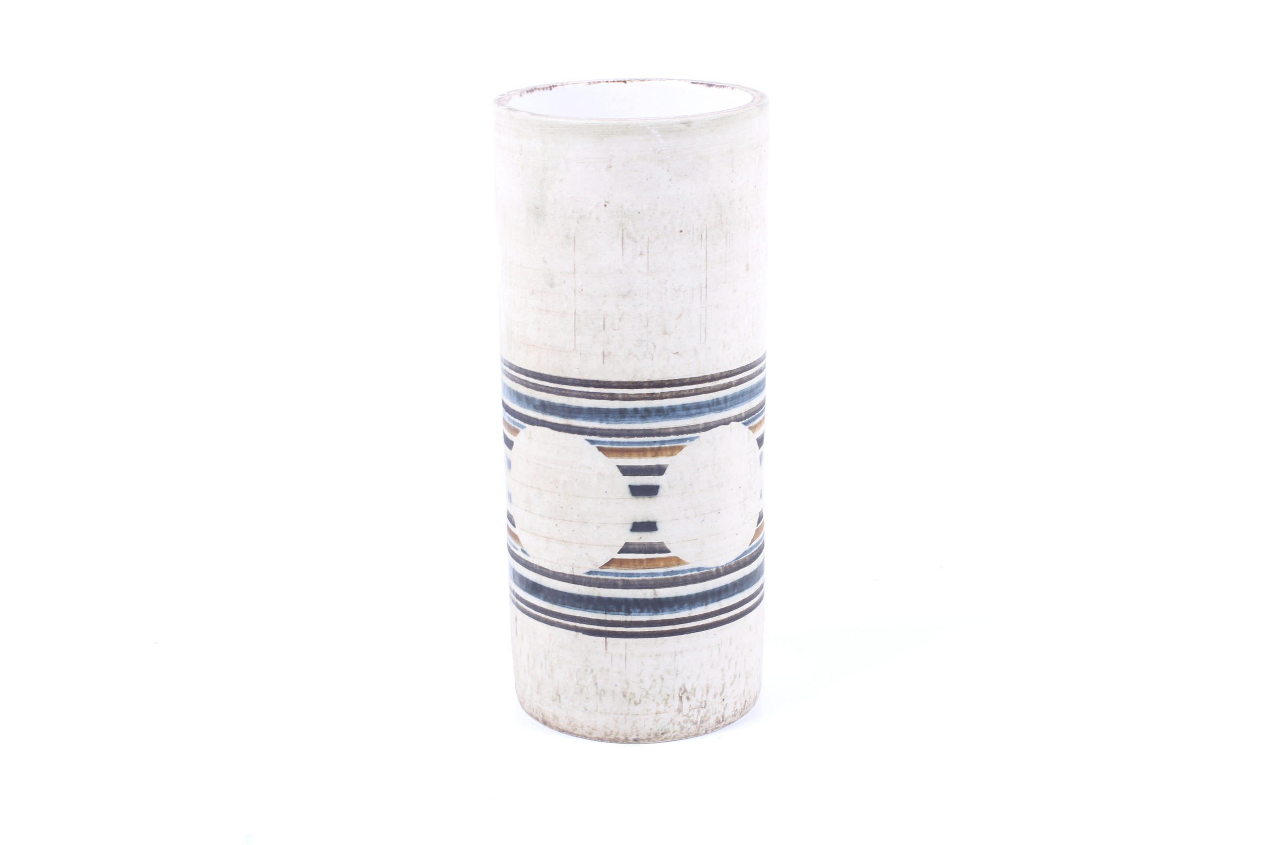 A circa 1960s Troika pottery cylinder vase. By Honor Curtis (HC) monogram to base, 'Troika, St.