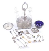 A silver pierced round sweet dish and various plated items.