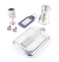 A small collection of silver objects, a pair of cufflinks and a pewter hip flask.