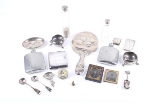 A collection of silver and other items to include a pair of George III cauldron shaped salt cellars.