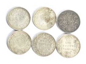 A group of six Indian Rupees coins. Dated 1835; 1862; 1907; 1913; 1918 and 1919.