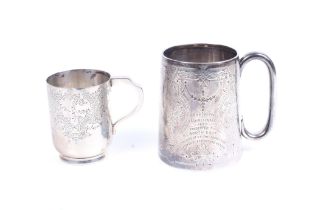 A Victorian silver straight-tapering mug and a christening mug with a tucked under base