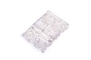 A Victorian silver 'castle top' card case depicting Windsor castle from the formal garden.