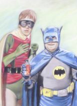 Unknown artist, pastel on paper, 'Del & Rodney - Batman & Robin'. 39.