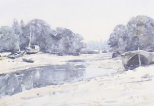 Llewellyn Petley-Jones, (1908-1986) watercolour, Low Tide 'Isleworth'.