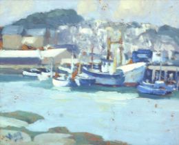 Bob Vigg (1932-2001) Cornish School, oil on board, A Cornish fishing harbour with boats,