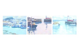 Bob Vigg (1932-2001), Cornish School, oil on board, a Cornish fishing harbour, probably Mousehole.