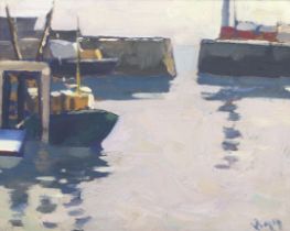 Bob Vigg (1932-2001), Cornish School, oil on board, a Cornish fishing harbour, probably Mousehole.