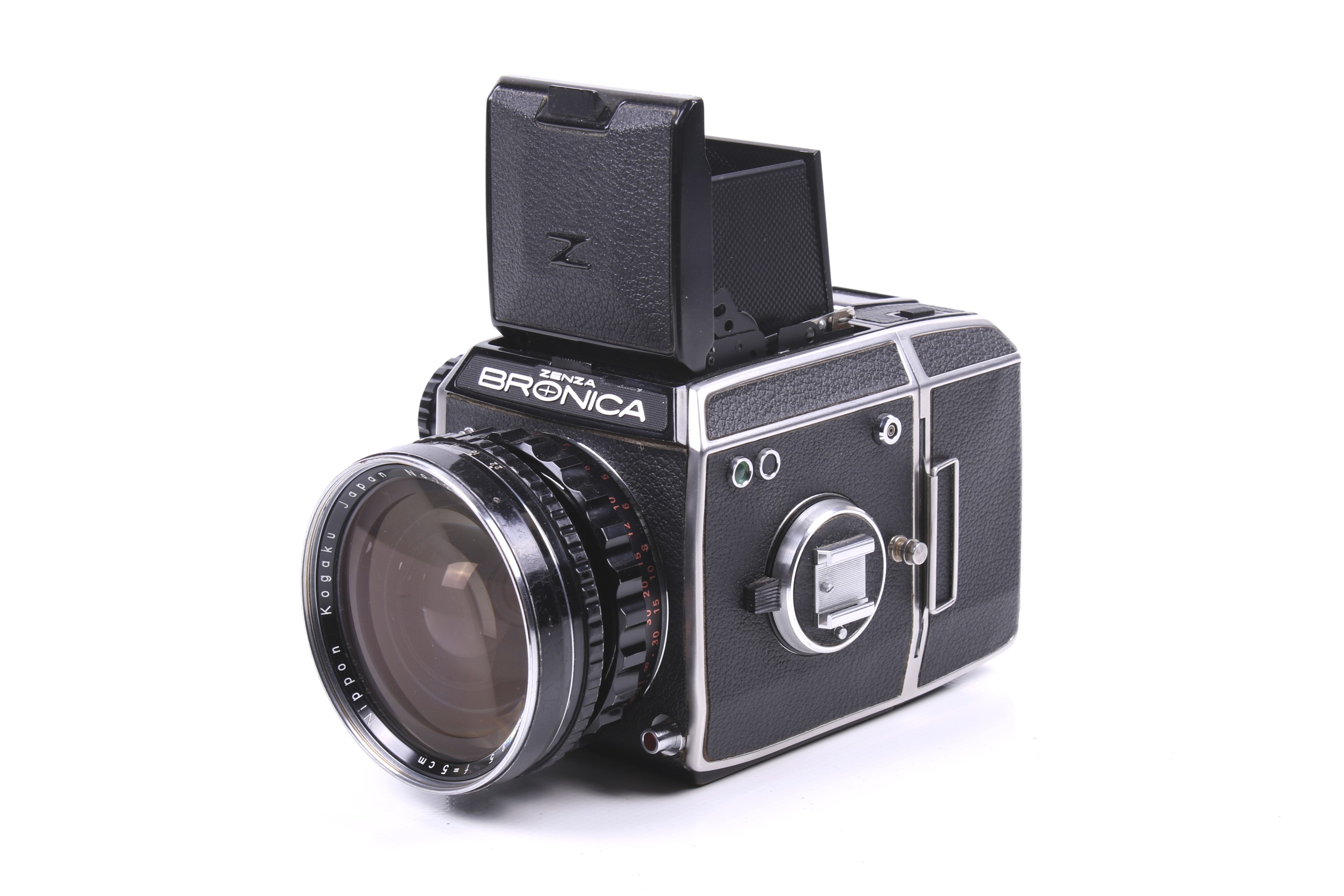 A Zenza Bronica EC 6x6 medium format SLR camera. Chrome, serial number CB323443.