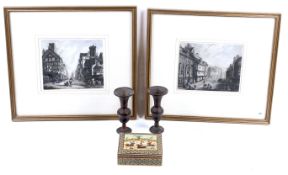 Two vases, a decorative box and two 19th century coloured etchings.