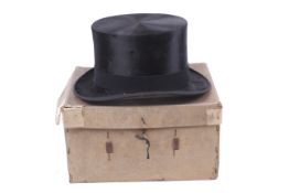 A vintage Dunn & Co gentleman's black silk top hat. With original cardboard box.