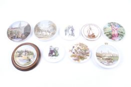 Nine 20th century and later Prattware pot lids. Including 'Pegwell Bay', 'Oliver Twist' and more.