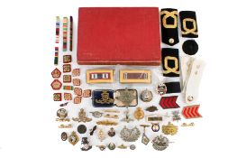 A collection of cap badges, buttons and a book.