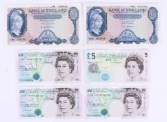A collection of six £5 notes. Two O'Brien and three Kentfield, consecutive numbers.