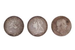 A group of three assorted crown coins. Including 1818, 1819 very worn and a 1900.