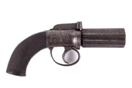 An English pepper box pistol. No visible serial number, circa 1860, .