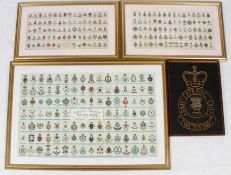 Three posters of crests and badges and a 'string art' picture.