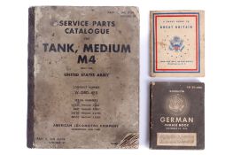A WWII M4 service parts catalogue and two USA serviceman guides.
