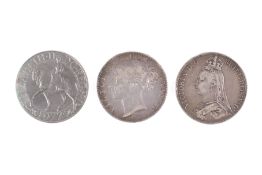 Three crown coins. Dated 1845, 1889 and 1977.