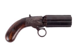 An English pepper box pistol. No visible serial number, circa 1860, .30 calibre plain 3.