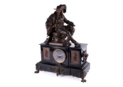 French 19th Century slate mantel clock. Surmounted by a gilt metal figure of a gentleman artist.