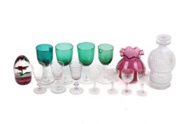 A collection of assorted glassware. Including two pairs of green glass wine glasses, etc. Max.