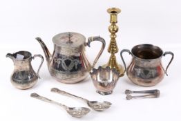 An EPNS tea set and other metalware items. Including a brass candlestick, spoons, etc. Max.