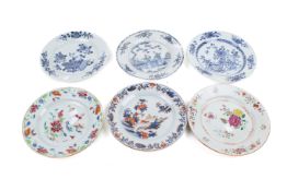 Six 19th century Chinese plates. Including tin glaze blue and white, etc.