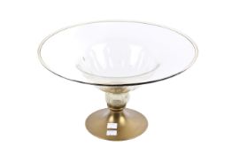 A mid-century hand blown glass bowl on brass stand. H23cm x diameter 42cm.
