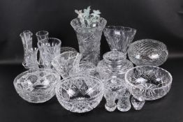 An assortment of contemporary cut glass. Including fruit bowls, vases, posy holders and more, Max.