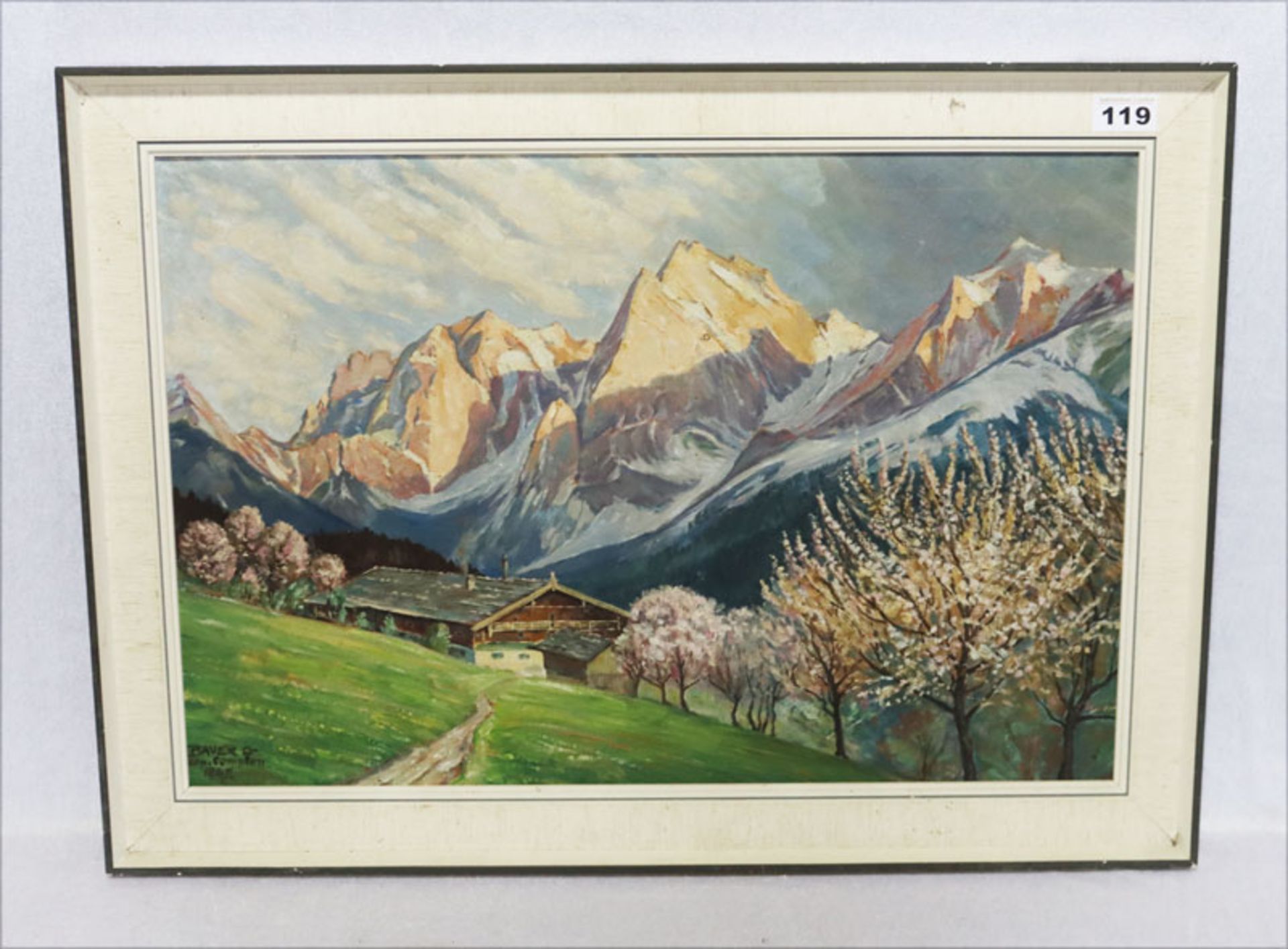 Gemälde ÖL/Malkarton 'Frühling im Hochgebirge', signiert Bauer, cop Compton 1942, gerahmt, Rahmen