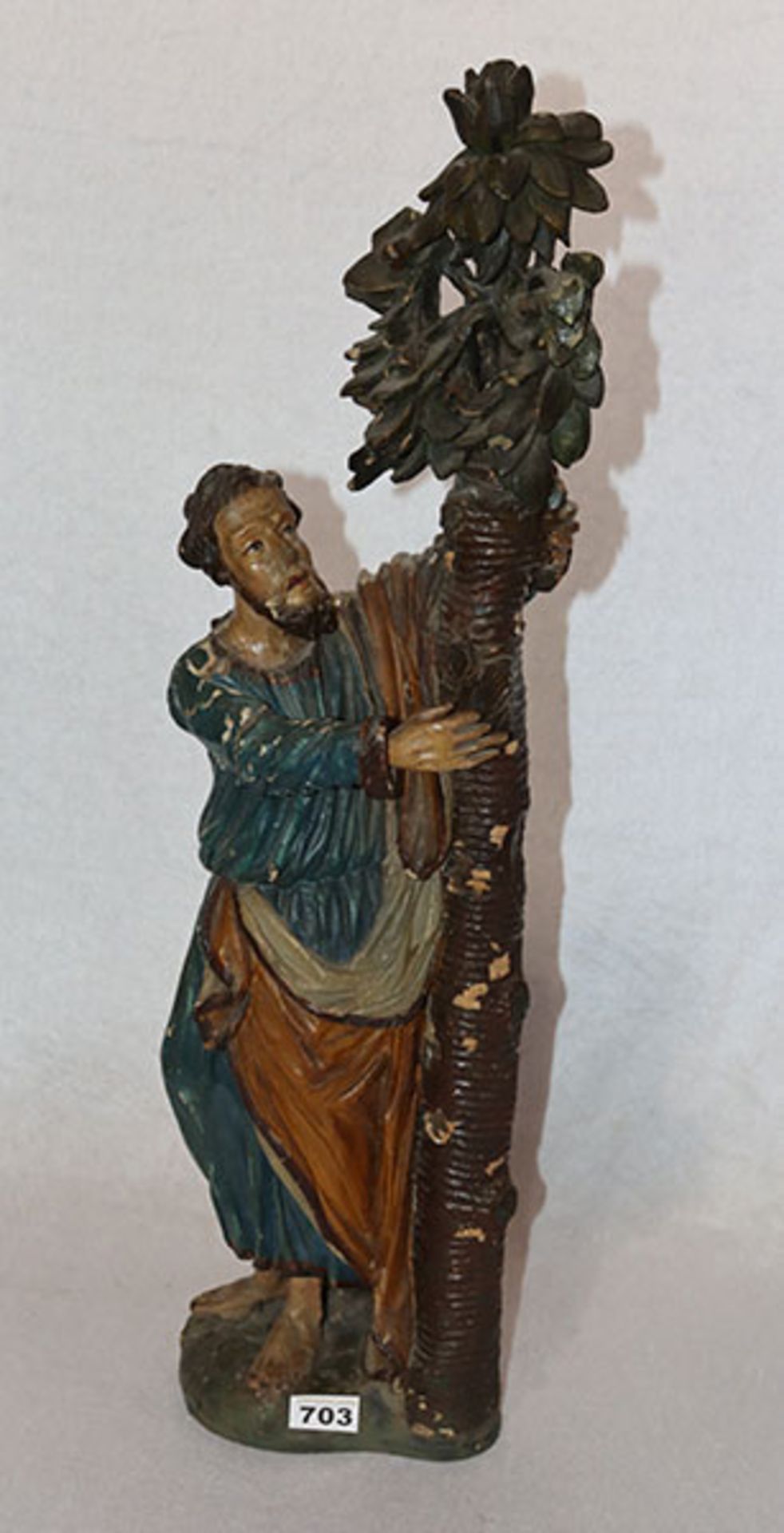 Holzfigur 'Jesus mit Baum', farbig gefaßt, stark beschädigt und geklebt, 19. Jahrhundert, H 75 cm,