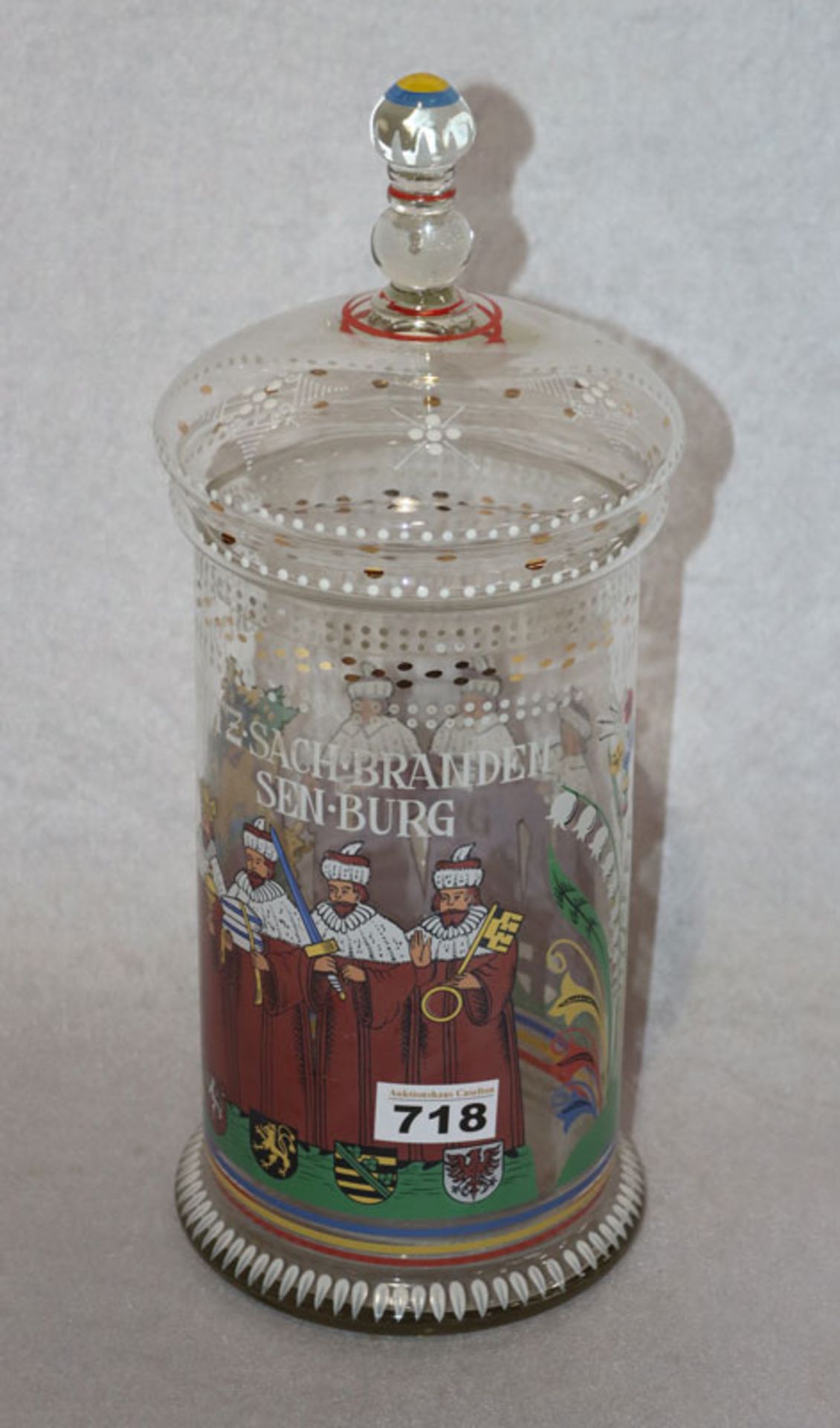 Glasdose mit figürlicher und floraler Malerei und mit Städtenamen, H 40 cm, D 13,5 cm