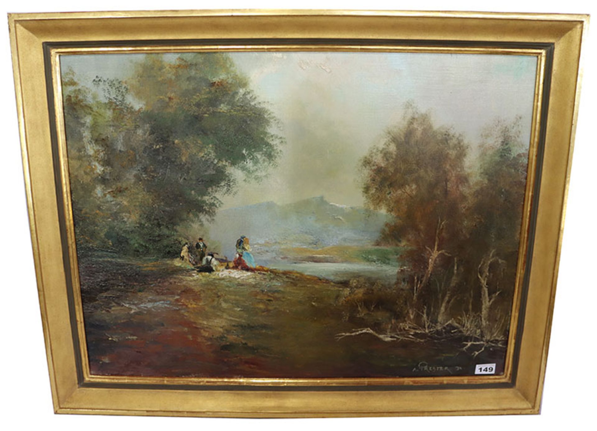 Gemälde ÖL/LW 'Picknick am See', signiert A. Prester Jr., Anselm, Prester, * 1943, deutscher