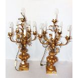 Paar Metall/Holz Tischlampen in floraler Form mit 6 Leuchten, Funktion nicht geprüft, H 83 cm, D