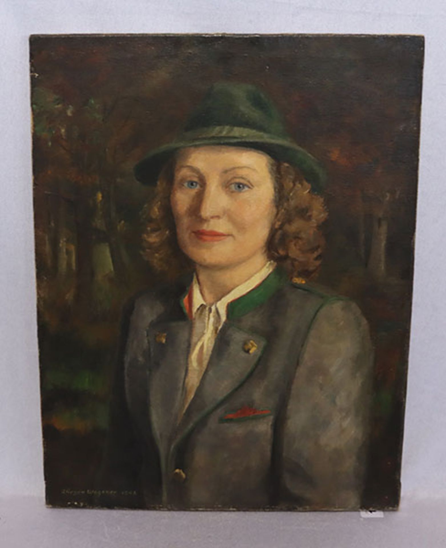 Gemälde ÖL/LW 'Damenbildnis, wohl Eva Braun', signiert Jürgen Wegener 1945, * 1901 Stolp + 1984