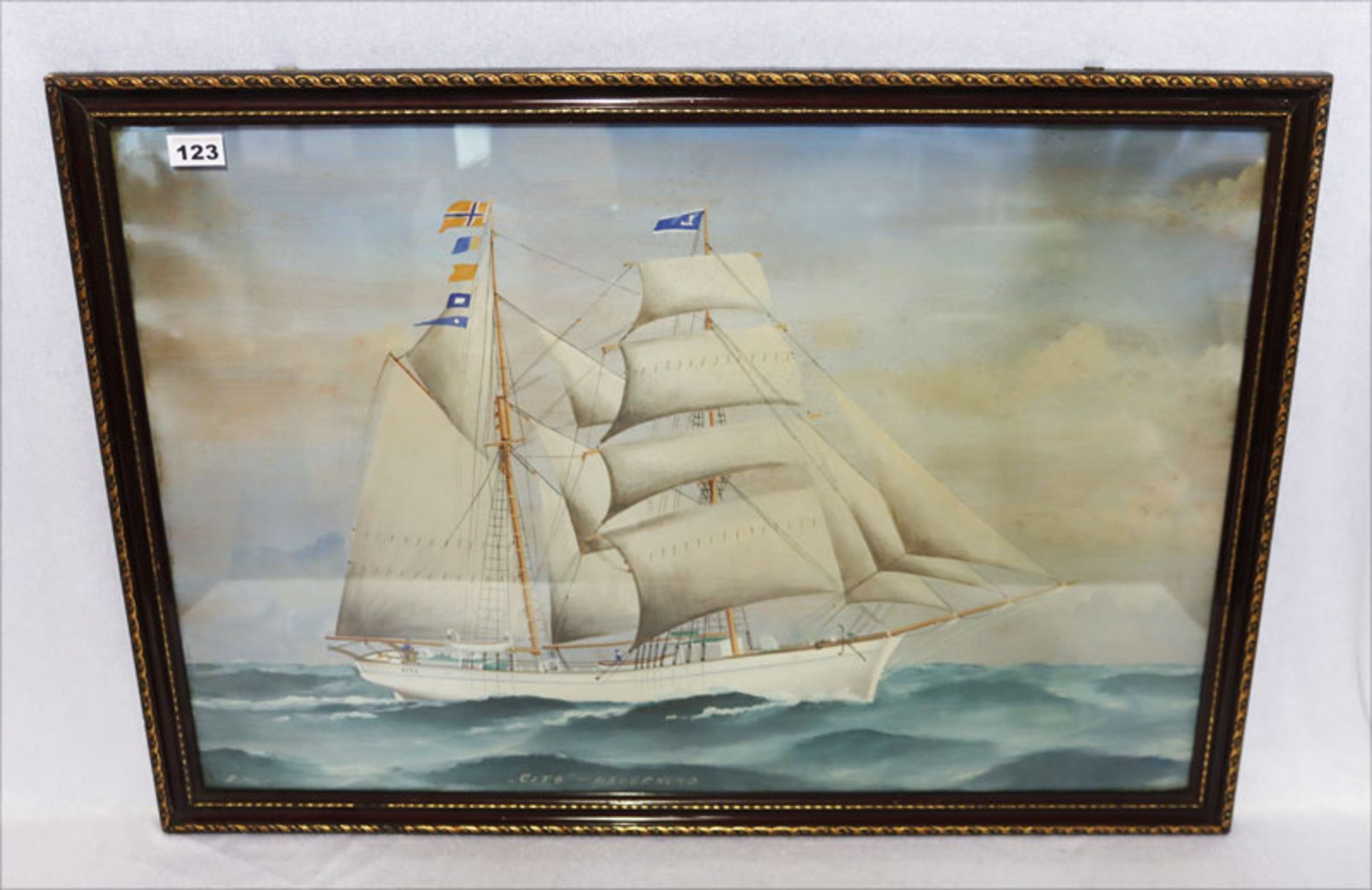 Aquarell 'Segelschiff - 'Cito' - Haugesund', Blatt fleckig, unter Glas gerahmt, Rahmen bestossen,