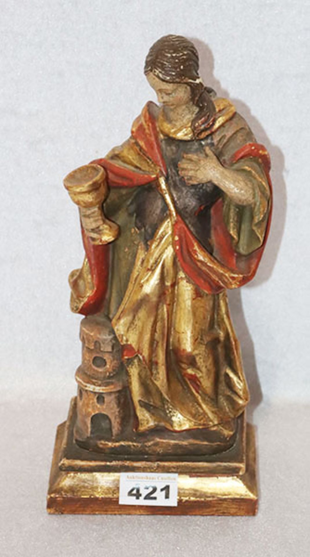 Holzfigur 'Heilige Barbara', farbig gefaßt, H 31 cm, teils bestossen, Farbablösungen