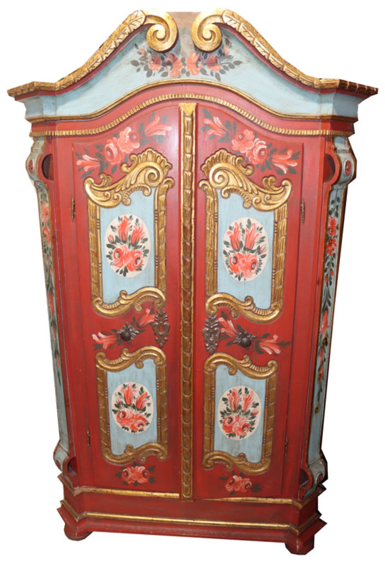 Bauernschrank, Korpus mit 2 Türen, blau/rot/gold bemalt, bäuerliche Blumenmalerei, H 186 cm, B 112