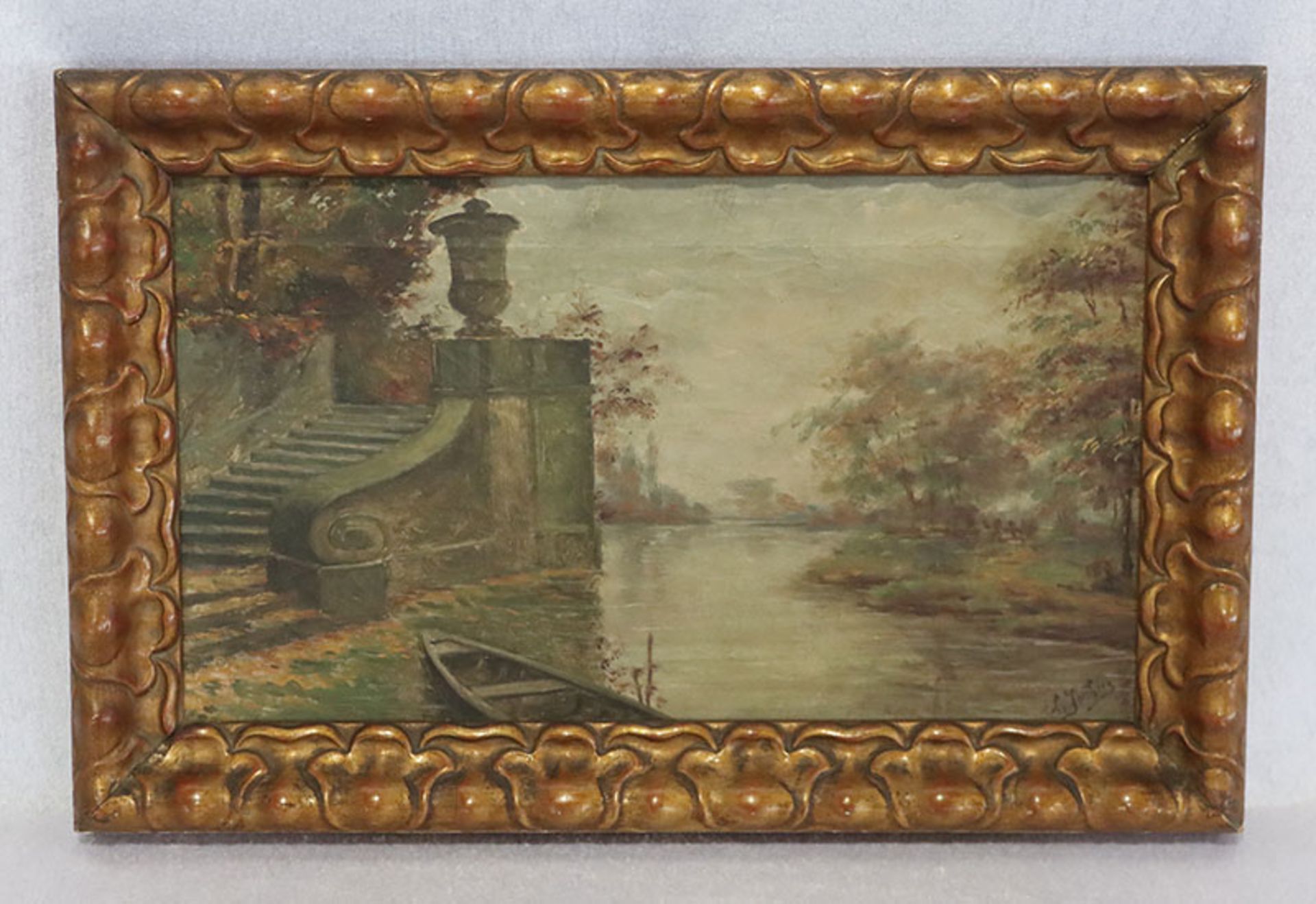 Gemälde ÖL/LW 'Ufer-Szenerie mit Boot', signiert L. Jothin ?, Bildoberfläche krakeliert, gerahmt,