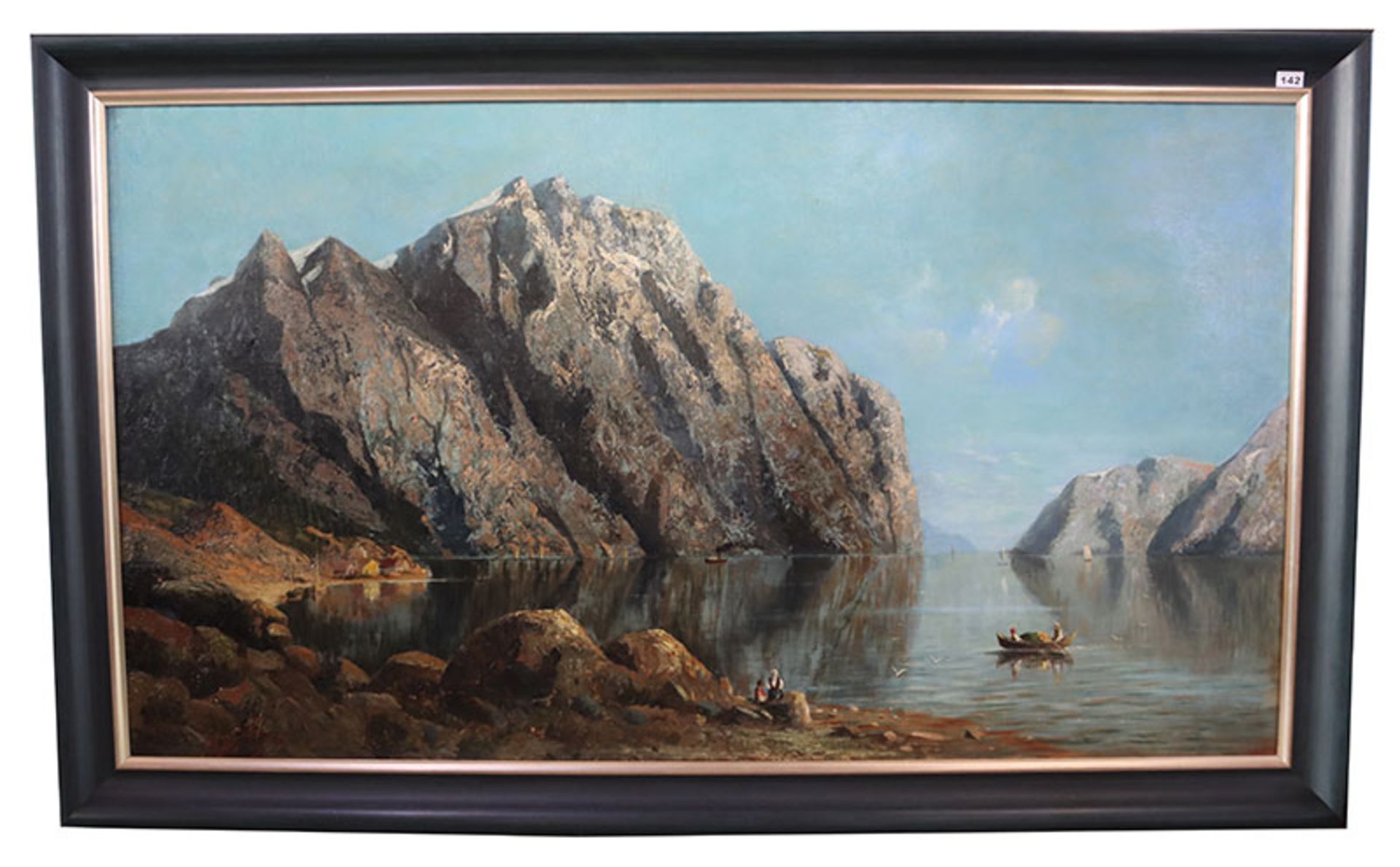 Gemälde ÖL/LW 'Fjordlandschaft', signiert Th. Fudg s. ? 85, LW hat kleine Farbablösungen, gerahmt,