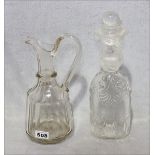 Glas Henkelkrug, H 30 cm, und Glasflasche in figürlicher Form, H 37 cm, Gebrauchsspuren
