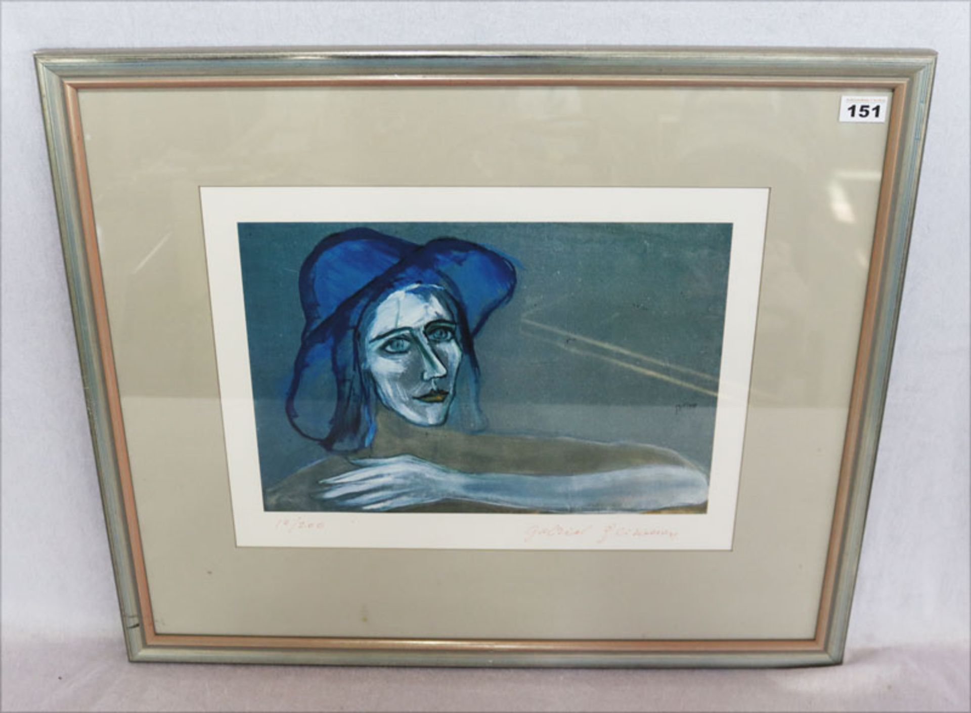 Lithographie 'Damenbildnis', Nr. 14/200, signiert Gabriel Gli Kelley, mit Passepartout unter Glas