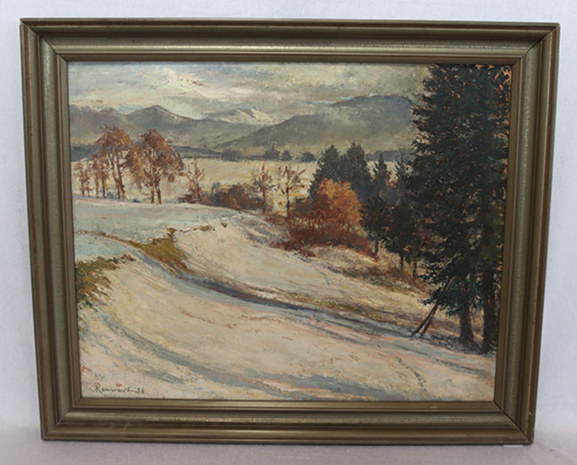Gemälde ÖL/LW 'Voralpenlandschaft im Winter', signiert Reinwart 36, LW beschädigt, teils
