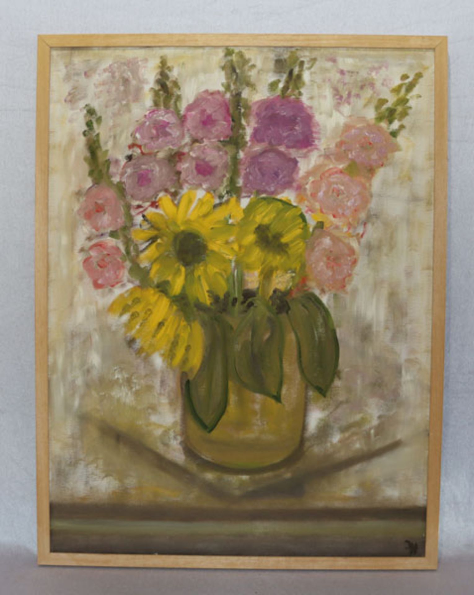 Gemälde ÖL/LW 'Sommerblumen in Vase', monogrammiert I. H. für Irene Hederer, Tutzing, gerahmt, incl.