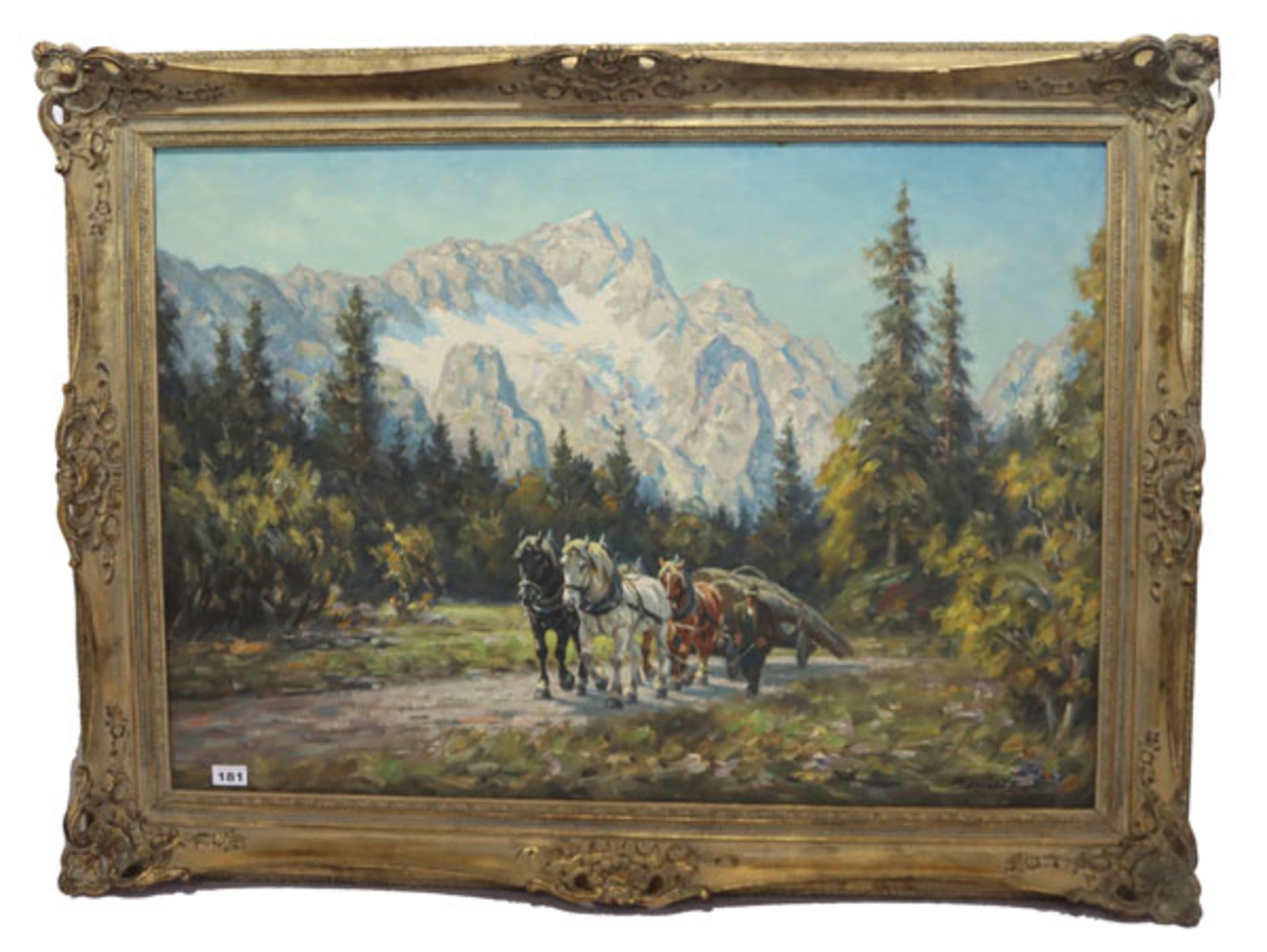 Gemälde ÖL/LW 'Pferdefuhrwerk im Wettersteingebirge', signiert K. Demetz, Karl Demetz, * 1909