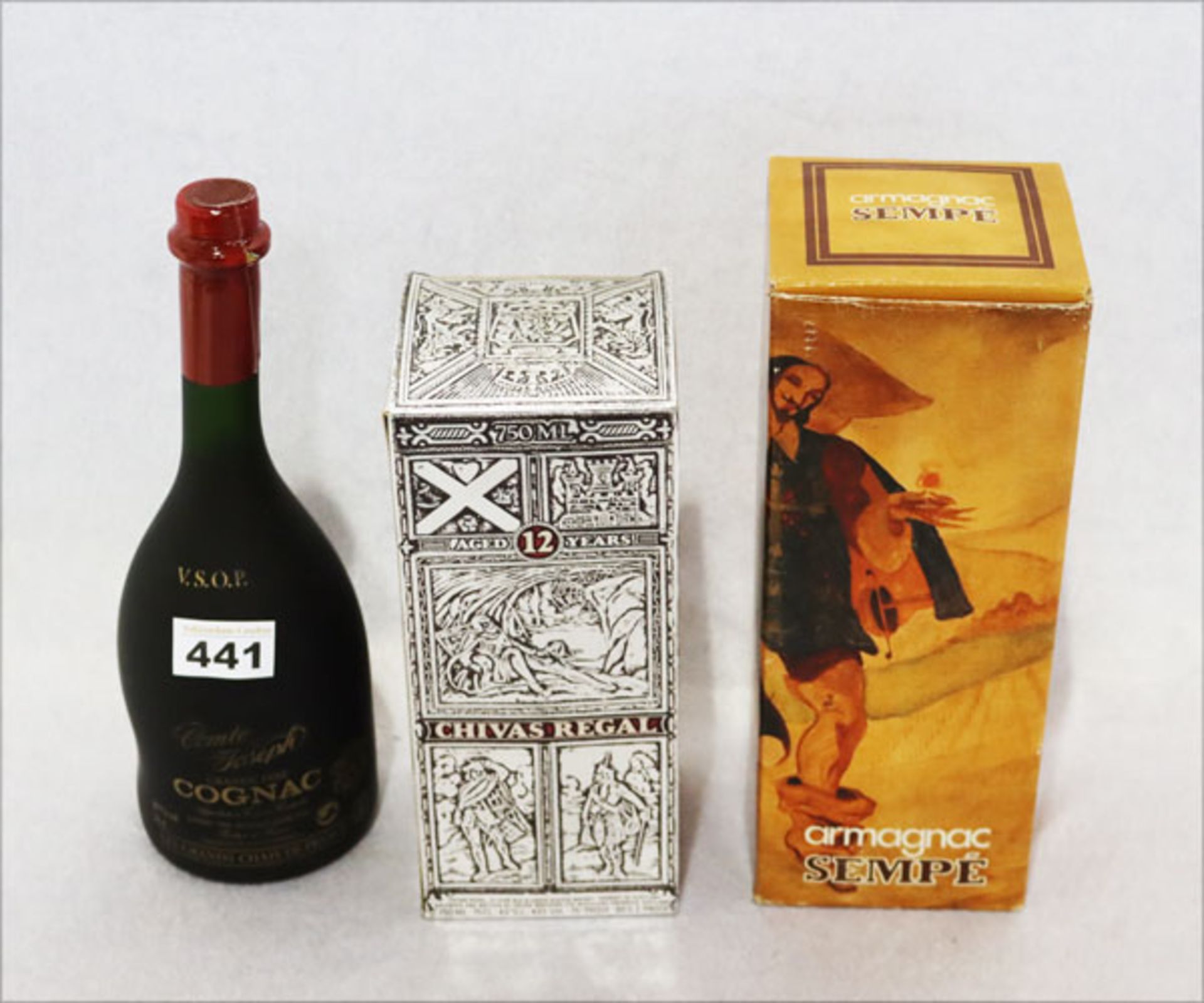 3 Flaschen Schnaps: Grand Fine Cognac, 12 Years Chivas Regal und Armagnac Sempé,
